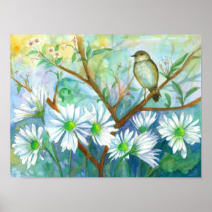Rainy Day Bird Daisy Flower Garden Poster