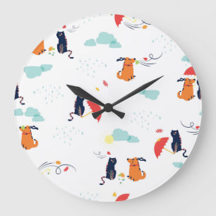 Rainy Day Friends: Cat Dog Vintag Große Wanduhr