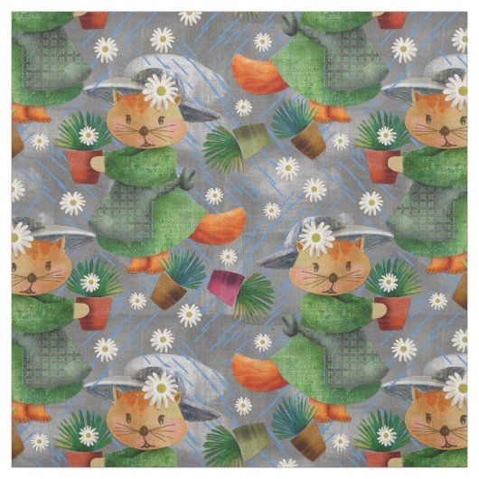 Rainy Day Ginger Cat Daisies Pattern Stoff (Muster)