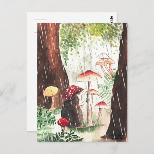 Rainy Day Igel und Toadstool Illustration Niedlich Postkarte (Vorne/Hinten)