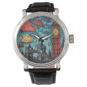 Rainy Day in London, farbenfrohe Doodle Illustrati Armbanduhr