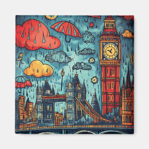 Rainy Day in London, farbenfrohe Doodle Illustrati Magnet