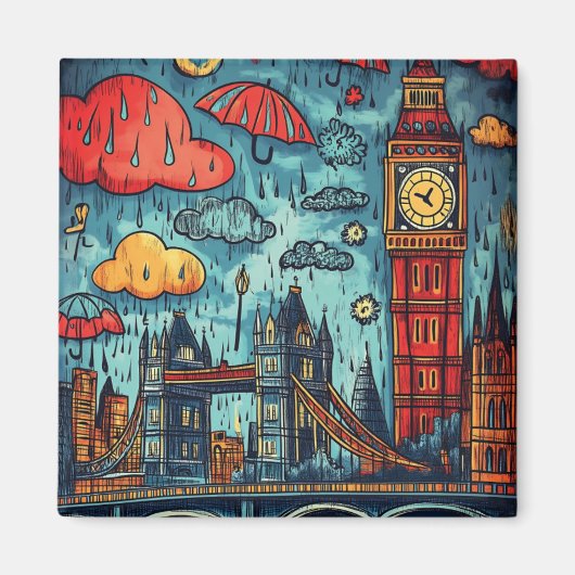 Rainy Day in London, farbenfrohe Doodle Illustrati Magnet (Vorne)