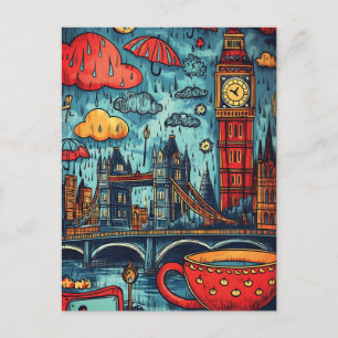 Rainy Day in London, farbenfrohe Doodle Illustrati Postkarte
