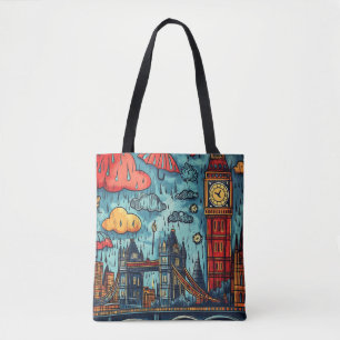 Rainy Day in London, farbenfrohe Doodle Illustrati Tasche