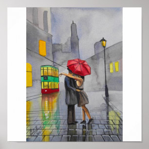 RAINY DAY RED UMBRELLA Straßenbahn-Szene MALERIERE Poster