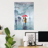 Rainy Day romantisches Paar roter Regenschirmgemäl Poster (Heimbüro)