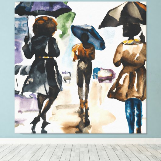 RAINY DAY SCHWARZE MÄNNER UND FRAUEN UNTER UMBRALL LEINWANDDRUCK (Insitu (Holzboden))