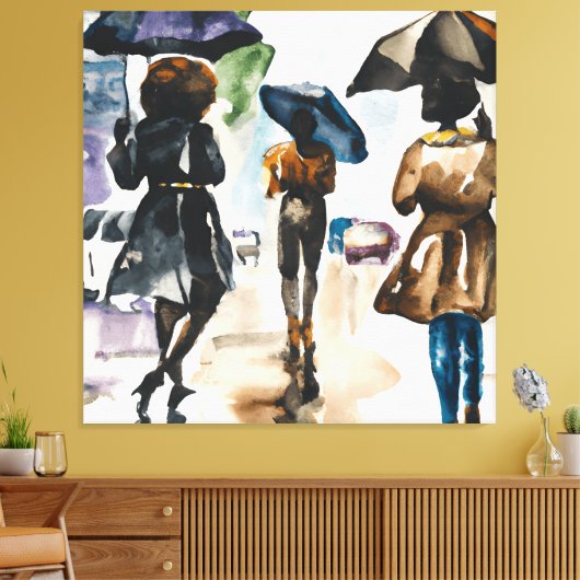 RAINY DAY SCHWARZE MÄNNER UND FRAUEN UNTER UMBRALL LEINWANDDRUCK (Insitu (Wohnzimmer))