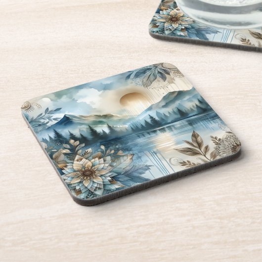 Rainy Day Watercolor Berg Rustikales Boho Getränkeuntersetzer (Linke Seite)