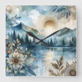Rainy Day Watercolor Berg Rustikales Boho Quadratische Wanduhr (Vorderseite)