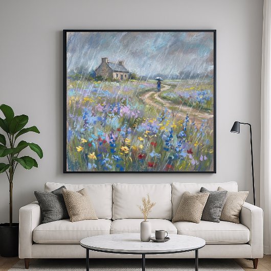 Rainy Garden Stroll - Pastel Painting Style Art Poster