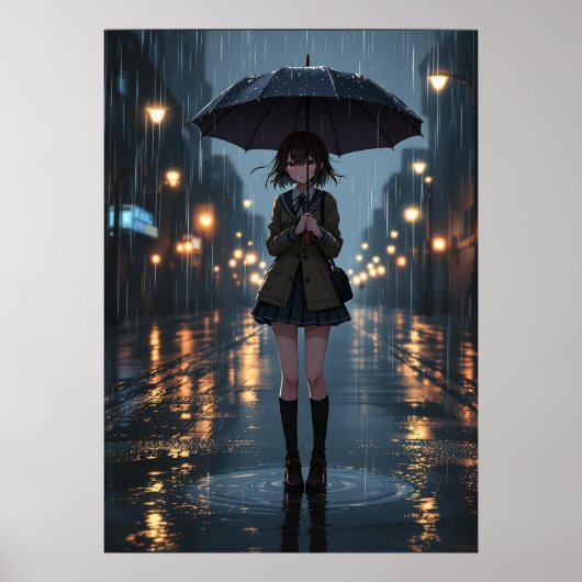 Rainy Night Anime Girl mit Regenschirm Poster (Vorne)