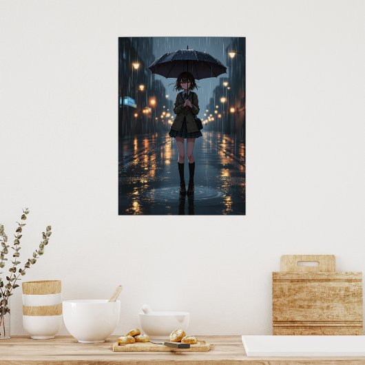 Rainy Night Anime Girl mit Regenschirm Poster (Küche)