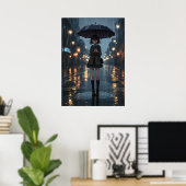 Rainy Night Anime Girl mit Regenschirm Poster (Heimbüro)