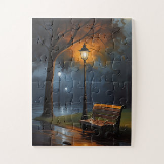 Rainy Night Park Bench – Cinematic Emotional Oil P Puzzle