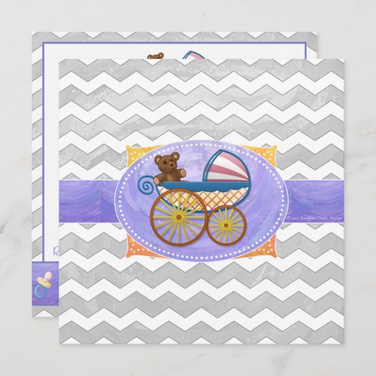 Rainy Sky Gray Zickzack und Lila Baby Einladung (Vorne/Hinten)