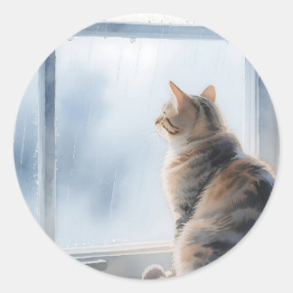 Rainy Window Watercolor Tabby Cat Runder Aufkleber