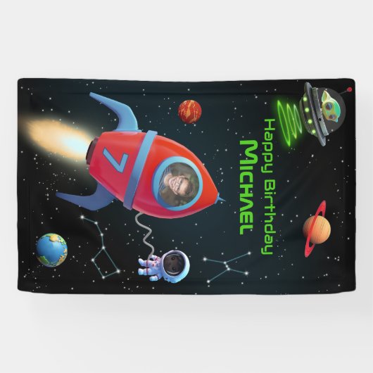 Rakete mit Foto | UFO Astronaut Birthday Alien Banner (Horizontal)