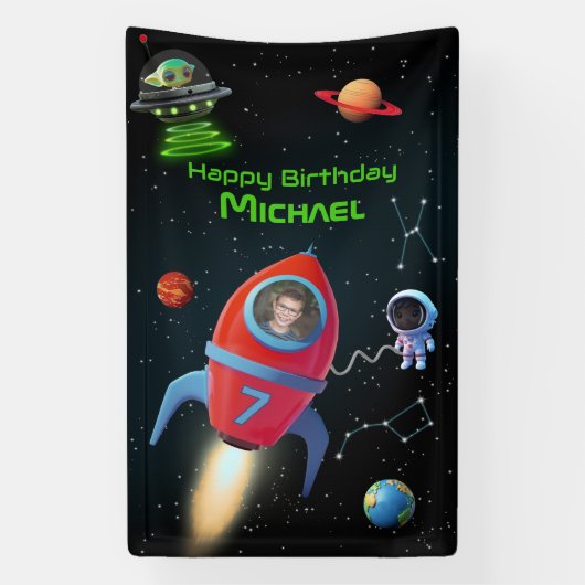 Rakete mit Foto | UFO Astronaut Birthday Alien Banner (Vertikal)