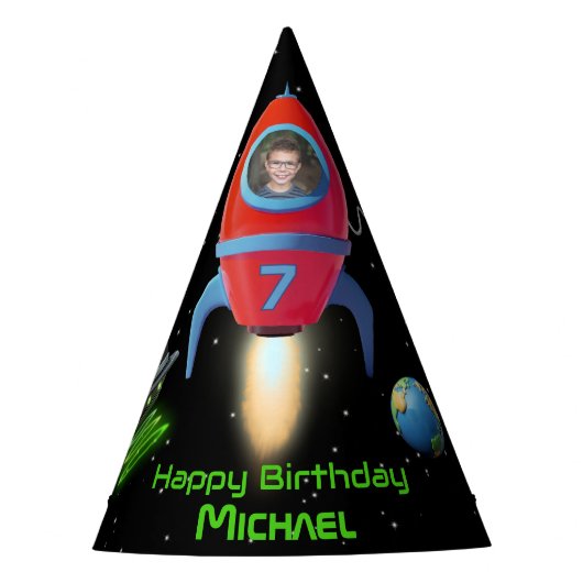 Rakete mit Foto | UFO Birthday Alien Astronaut Partyhütchen (Vorderseite)