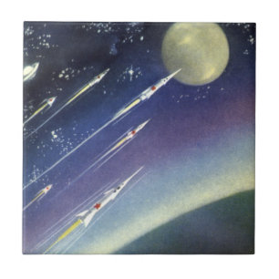 Raketen der Vintagen Science Fiction im Weltraum v Fliese