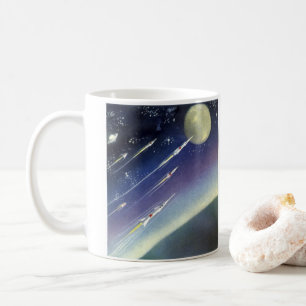 Raketen der Vintagen Science Fiction im Weltraum v Kaffeetasse