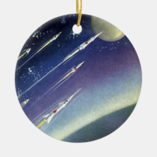 Raketen der Vintagen Science Fiction im Weltraum v Keramik Ornament