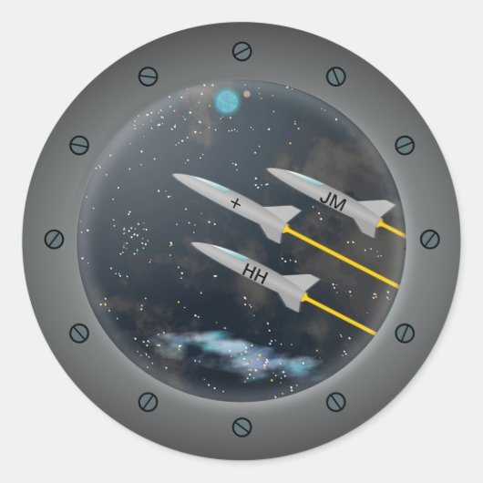Raketen durch das Spaceship Porthole Runder Aufkleber (Vorderseite)