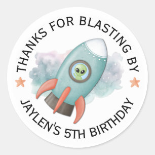 Raketen-Raumschiff-grüner-Alien-Geburtstags-Aufkle Runder Aufkleber