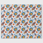 Raketenbahnen und Planeten Orange und Blau Geschenkpapier (Flach)