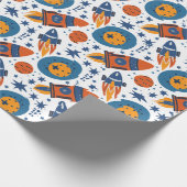 Raketenbahnen und Planeten Orange und Blau Geschenkpapier (Ecke)