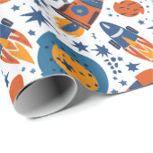Raketenbahnen und Planeten Orange und Blau Geschenkpapier (Rolleneckpunkt)