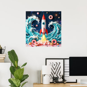Raketenfahrt durch Donuts und Planeten Poster