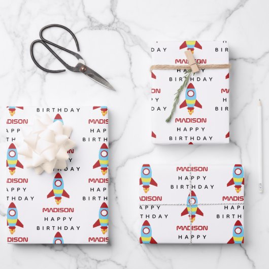 Raketenraumschiff Starter Individuelle Name Geburt Geschenkpapier Set (Vorderseite)