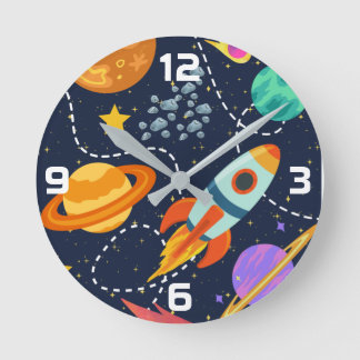 Raketenraumschiff Weltraum Planeten Astronaut Kind Runde Wanduhr