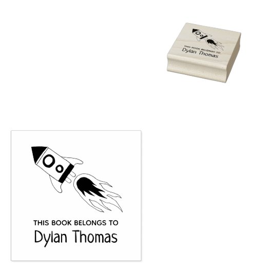 Raketenschiff 'Dieses Buch gehört' und Name Gummistempel (Stempel)