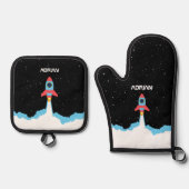 Raketenstart in Weltraumkindern Ofenhandschuh & Topflappen-Set (Vorderseite)