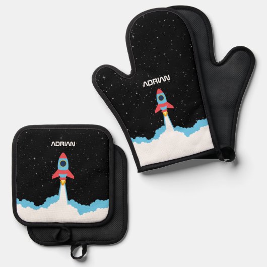 Raketenstart in Weltraumkindern Ofenhandschuh & Topflappen-Set (Vorderseite/Rückseite)