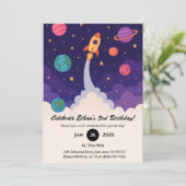 Raketenstart & Weltraum Cartoon Geburtstag Einladung (Stehend Vorderseite)