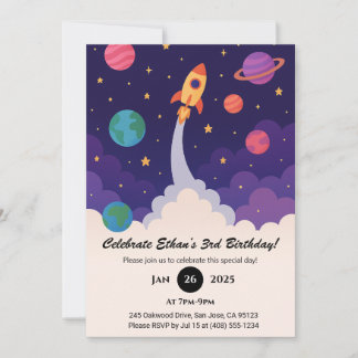 Raketenstart & Weltraum Cartoon Geburtstag Einladung