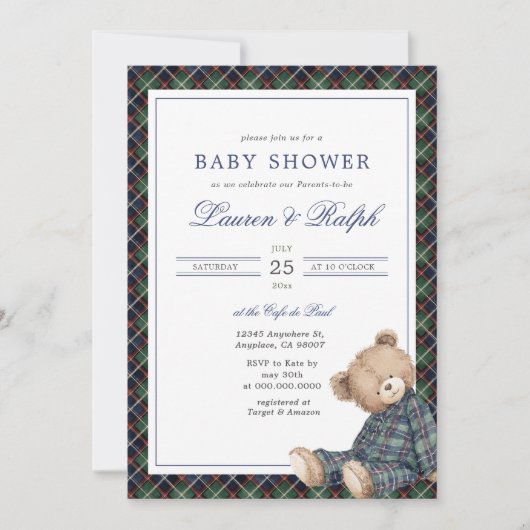 Ralph Plaid Teddy Bear Boy Navy Preppy Baby Shower Einladung (Vorderseite)