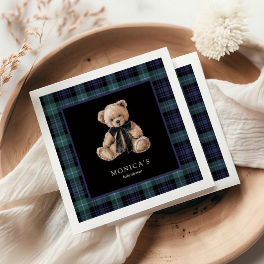 Ralph Teddy Bear Navy Green Plaid Baby Shower Serviette