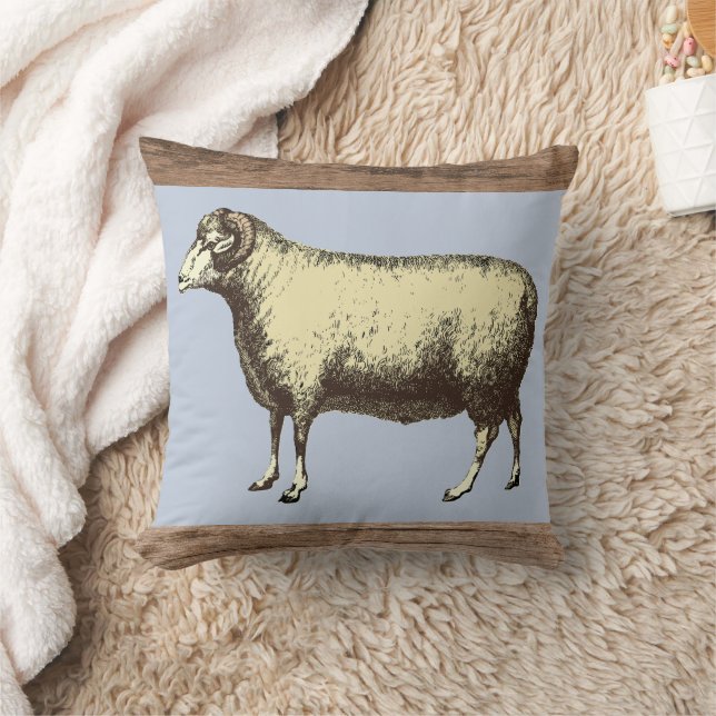Ram Sheep Rustic Farm Blue Kissen (Decke)
