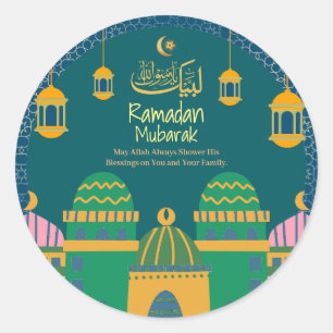 Ramadan  Eid Mubarak Golden Calligraphy Greenblu Runder Aufkleber
