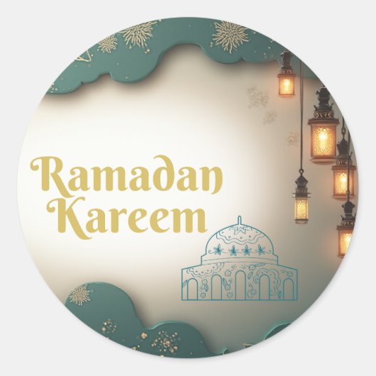 Ramadan Elegance Green & Gold Lanterns and Mosque Runder Aufkleber (Vorderseite)