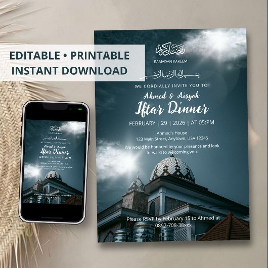 Ramadan Iftar Invitation with Blue Mosque Dome Einladung