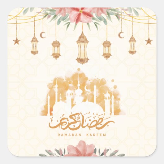 Ramadan Kareem Floral Watercolor Lanterns Quadratischer Aufkleber (Vorderseite)
