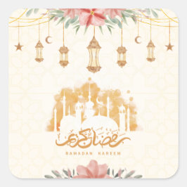 Ramadan Kareem Floral Watercolor Lanterns Quadratischer Aufkleber