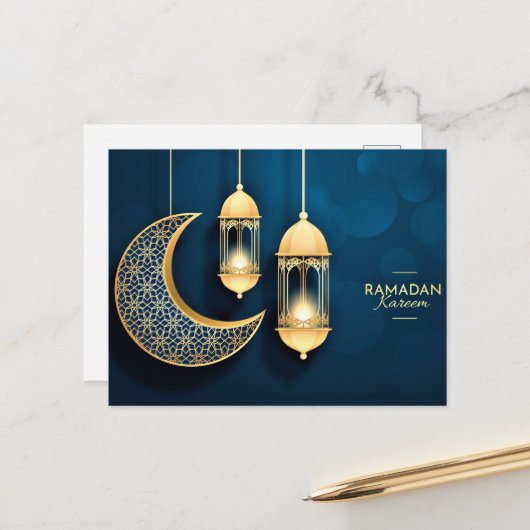 Ramadan Kareem Gold Crescent und Laterne Postkarte (Vorderseite/Rückseite Beispiel)
